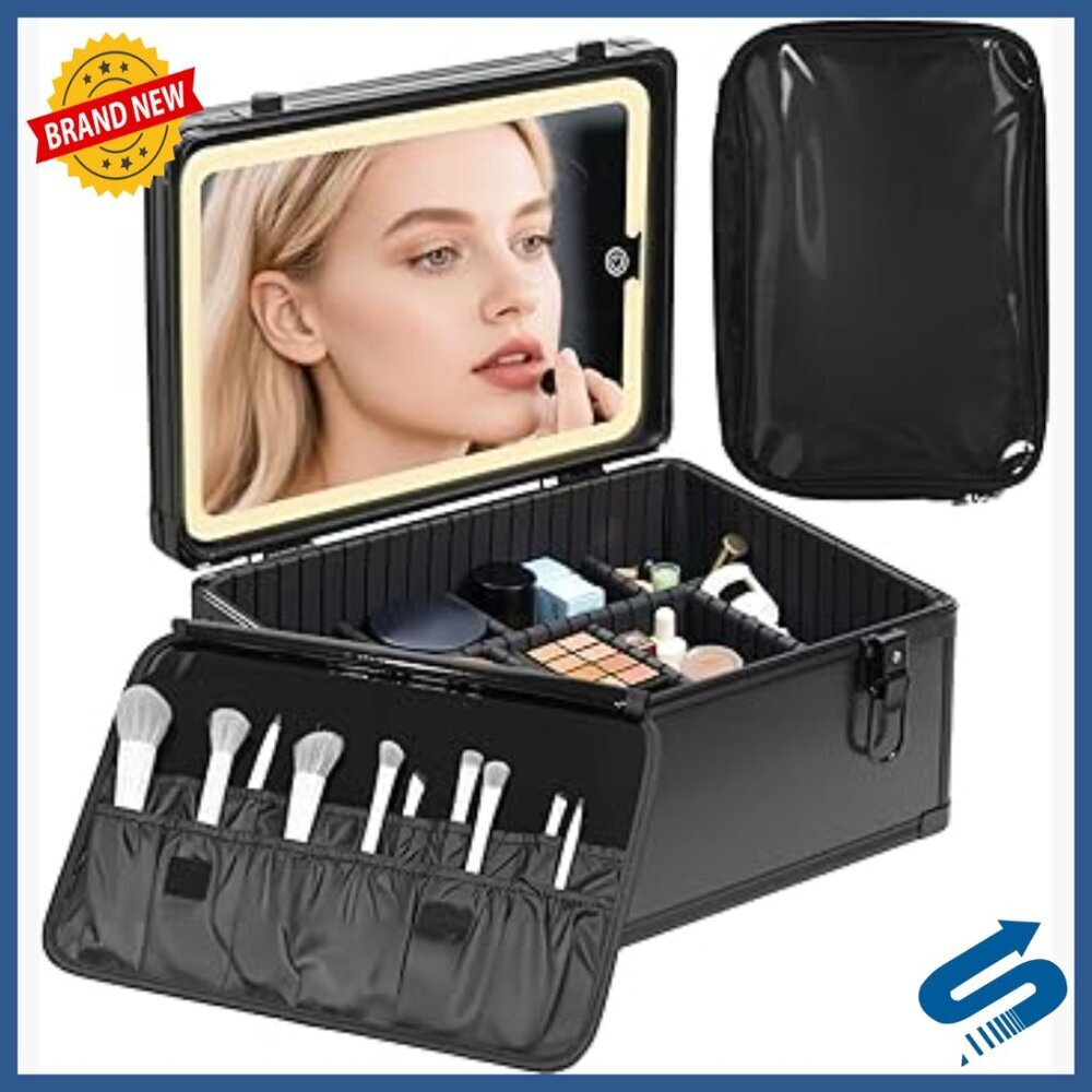 Large Waterproof Makeup Train Case with LED Mirror, Adjustable Dividers
